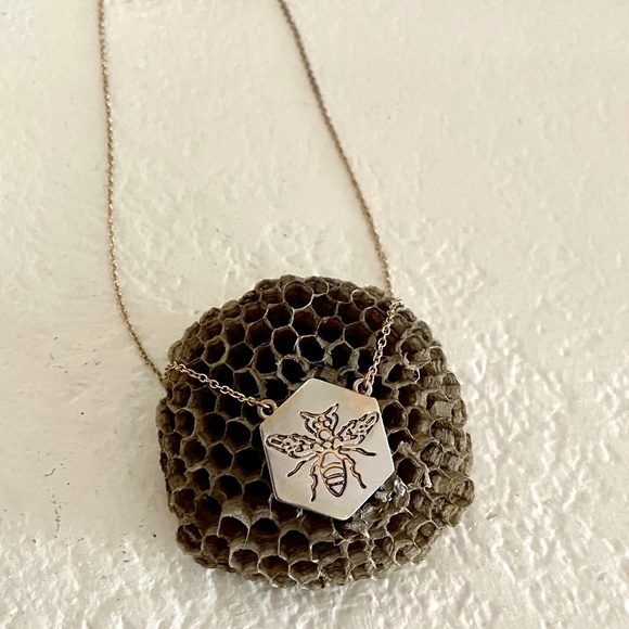 Gold Bee Stamped Hexagon Pendant Necklace - Picture 2 of 6